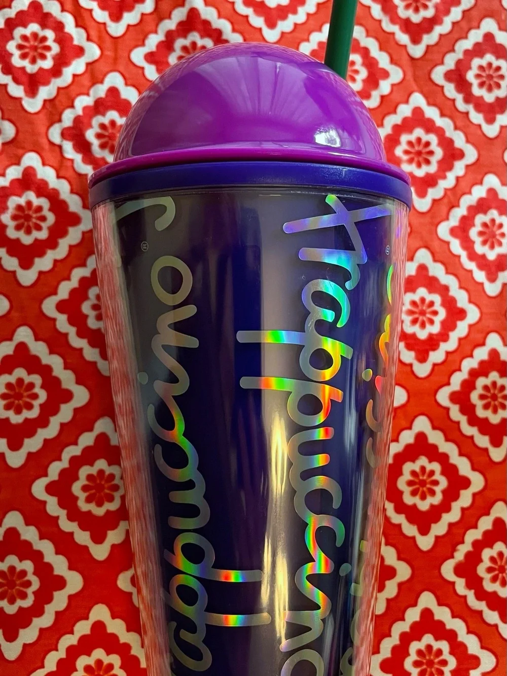 2014 Starbucks Frappuccino 16 oz Cold Cup Tumbler Purple with Holographics